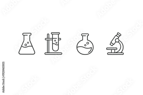 A set of four minimalist white line art icons on a black background representing laboratory equipment, including a conical flask, a test tube, a round flask, and a microscope.