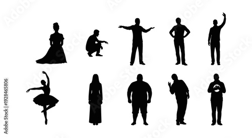 Silhouettes of various people in different poses against a white background