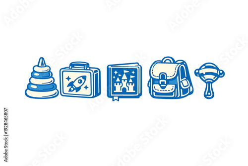A set of five blue and white icons representing childhood items, including a stacking toy, a rocket lunchbox, a castle book, a backpack, and a baby rattle on a black background.