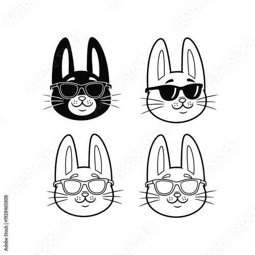 Four stylized black and white rabbit head illustrations with varying expressions and ear shapes Vector