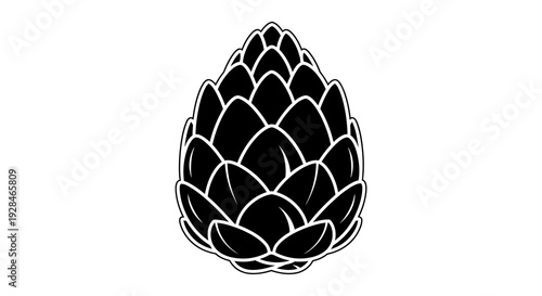 Black and white illustration of an artichoke with layered overlapping leaves