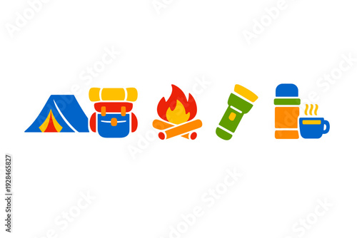 A collection of five flat vector icons representing camping equipment, including a blue tent, a backpack, a campfire, a green flashlight, and a thermos with a mug on a black background.