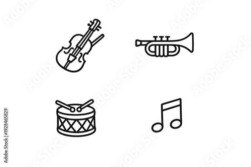 A collection of four minimalist white line art icons representing musical instruments including a violin, trumpet, drum with sticks, and a musical note set against a black background.