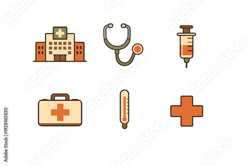 A set of six medical icons featuring a hospital building, stethoscope, syringe, first aid kit, thermometer, and a medical cross, all designed in a flat style with warm orange tones.