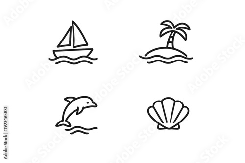 A set of four minimalist white line art icons on a black background featuring a sailboat, a tropical island with a palm tree, a jumping dolphin, and a seashell.