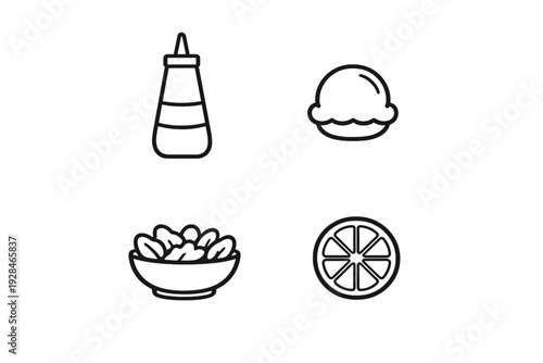 A collection of four minimalist food icons featuring a squeeze bottle, a cupcake, a bowl of salad, and a citrus slice. The white line art is set against a solid black background.
