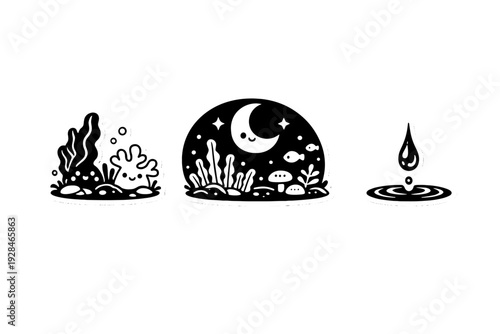 A set of three black and white vector stickers featuring cute coral characters, a moonlit underwater dome with fish and mushrooms, and a single water drop creating ripples.