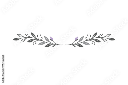A symmetrical decorative floral divider featuring two mirrored leafy branches with small purple flower buds and elegant swirls, set against a solid black background for contrast.