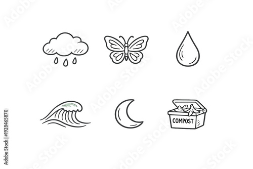 A collection of six hand-drawn white icons on a black background featuring a rain cloud, a butterfly, a water drop, an ocean wave, a crescent moon, and a compost bin with organic waste.