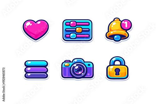 Six vibrant game interface icons featuring a heart, settings, notification bell, menu, camera, and lock. Each icon has a glossy finish and a white border against a solid black background.