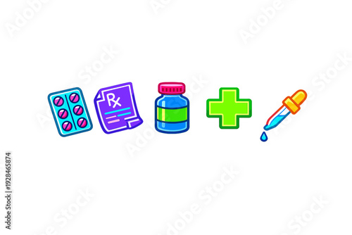 A collection of colorful medical icons including a blister pack of pills, a prescription note, a medicine bottle, a green cross, and a dropper, all set against a black background.
