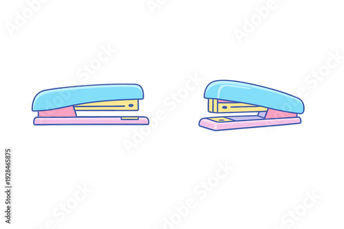 Two colorful cartoon staplers are shown against a solid black background. One stapler is in a side profile view while the other is at a slight angle, featuring blue, pink, and yellow.