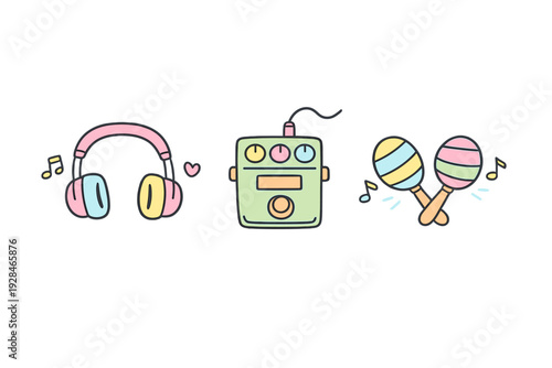 Hand-drawn illustrations of headphones, a guitar effect pedal, and maracas in pastel colors. The set features musical notes and a heart on a black background.