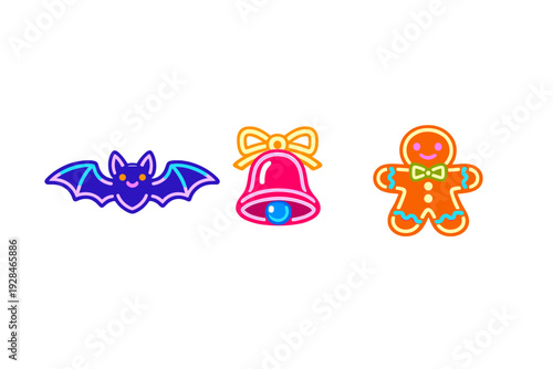 Three colorful neon-style icons featuring a purple bat, a pink bell with a yellow bow, and an orange gingerbread man are displayed against a solid black background.