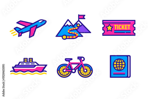 A collection of six vibrant travel icons featuring an airplane, mountains, a ticket, a cruise ship, a bicycle, and a passport, all designed in a colorful flat vector style on a black background.