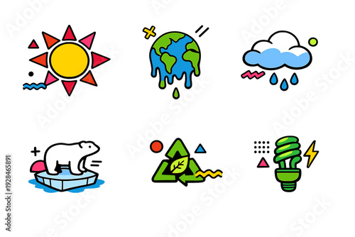 A collection of six colorful icons representing climate change and environmental issues, including a melting earth, polar bear on ice, recycling symbol, and energy-saving bulb.