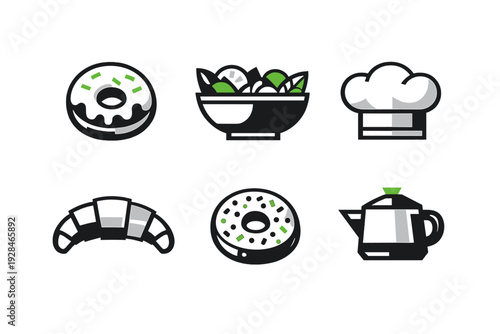 A collection of six minimalist food and kitchen icons featuring donuts, a salad bowl, a chef hat, a croissant, and a teapot, designed in a flat vector style with black, white, and green colors.