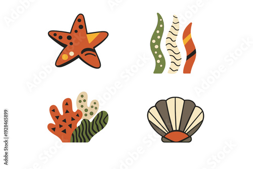 A collection of four stylized marine life illustrations including a starfish, seaweed, coral, and a seashell. The graphics feature retro colors and patterns on a black background.