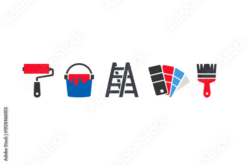 A collection of five minimalist painting and home renovation icons including a paint roller, bucket, ladder, color swatches, and a brush, displayed in a row on a black background.