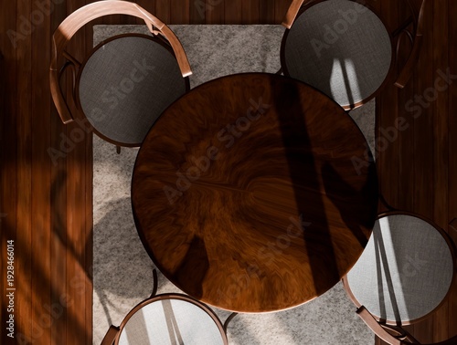 Foto Elevated perspective of a refined circular wood table and four coordinating chairs on a soft rug