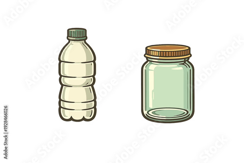 A clean illustration featuring a plastic water bottle with a green cap and a clear glass jar with a gold lid, both isolated against a solid black background.