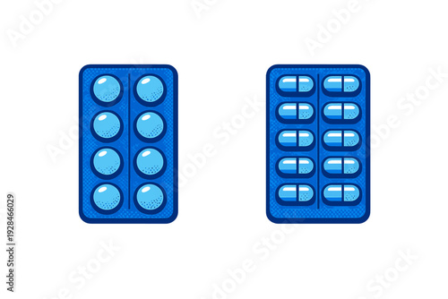 An illustration of two blue blister packs containing round and capsule pills against a black background. The graphic features a textured, stylized design in shades of blue.