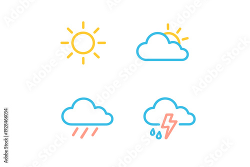 This set of four minimalist weather icons on a black background includes a bright yellow sun, a sun behind a cloud, a raining cloud, and a storm cloud with lightning.