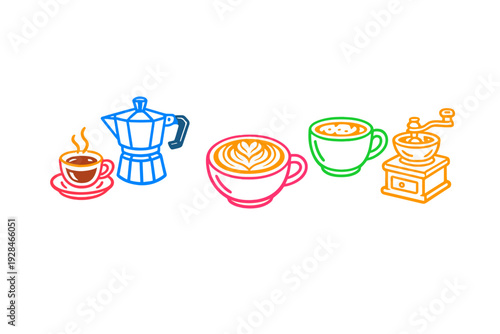 A collection of colorful neon-style coffee icons including a moka pot, espresso cup, latte art, cappuccino, and a manual grinder, all set against a solid black background.