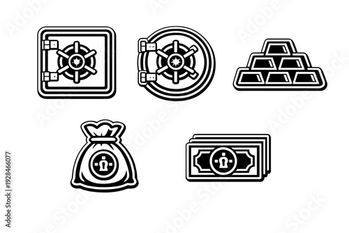 A collection of five black and white icons representing banking and wealth, including a square safe, a round vault door, gold bars, a money bag, and a stack of banknotes on a black background.