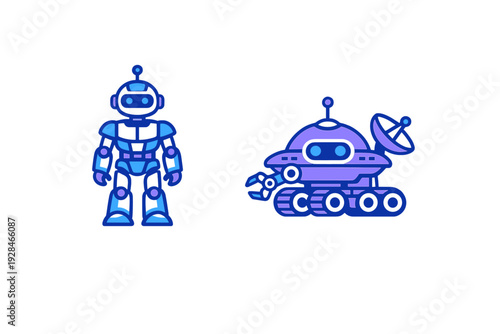 This illustration displays a blue humanoid robot standing next to a purple robotic rover equipped with tracks, a mechanical arm, and a satellite dish on a black background.