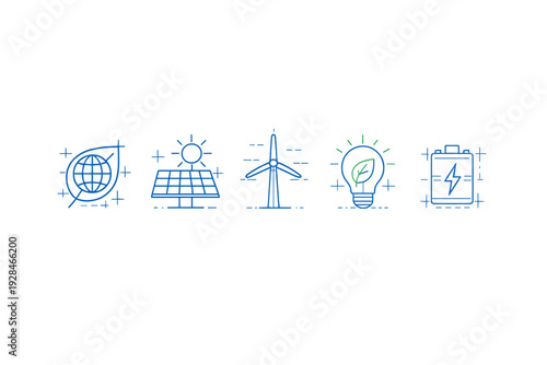 A collection of five blue line art icons representing renewable energy and sustainability, featuring a globe inside a leaf, solar panel, wind turbine, light bulb, and battery.