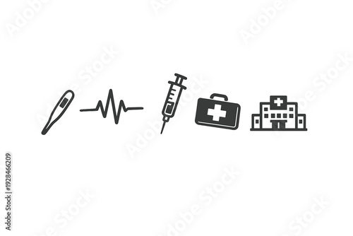 A set of five medical icons including a thermometer, heartbeat line, syringe, first aid kit, and hospital building, displayed in a horizontal row on a black background.
