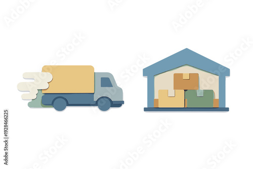 This 3D paper-cut style graphic shows a blue delivery truck moving quickly beside a warehouse filled with stacked shipping boxes, representing logistics and transport.