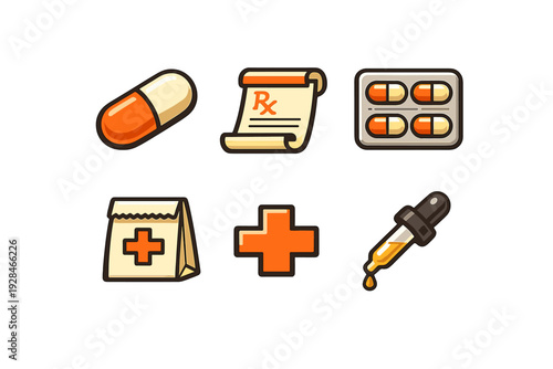 A collection of six pharmacy icons including a pill capsule, prescription paper, blister pack, medical bag, cross symbol, and liquid dropper. All elements have thick outlines and warm tones.