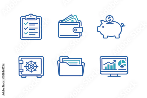 A set of six blue and teal line icons representing financial concepts including a clipboard, wallet, piggy bank, safe, folder, and a computer monitor showing data charts.