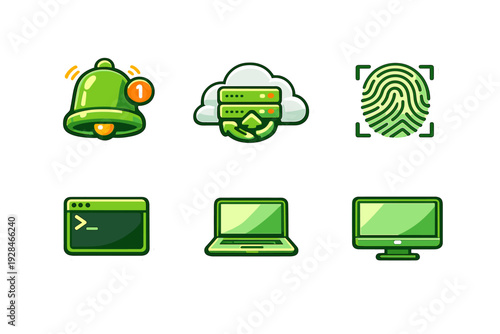 A collection of six green technology icons designed as stickers, featuring a notification bell, cloud server, fingerprint scan, terminal window, laptop, and desktop monitor.