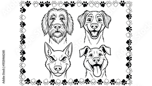 Three abstract faces in a geometric pattern with intricate line work and shading Vector