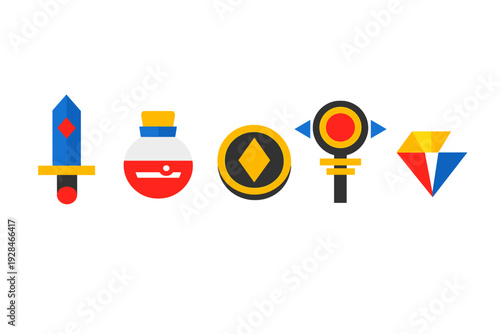 A collection of five flat design fantasy game icons including a blue sword, a red potion, a gold coin, a magical staff, and a multi-colored gem set against a dark background.