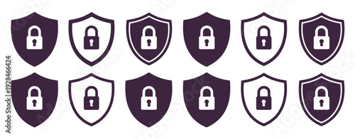 Lock and unlock vector icon set with tick and cross symbols, shield privacy and security protection icons, black and white outline and solid style, editable vector illustration collection, modern cybe