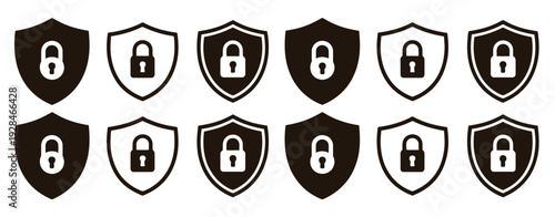 Security lock and unlock icon set, privacy protection symbols with check mark and cross mark, shield defense and safety concept, black and white outline and solid vector graphics, modern digital secur