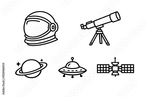 A collection of five minimalist space-themed icons featuring an astronaut helmet, a telescope, a ringed planet, a flying saucer, and a satellite in a simple white line art style on black.