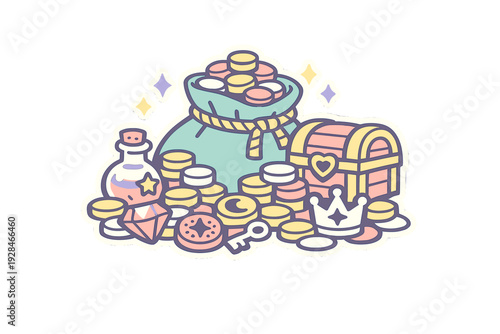 A cute pastel illustration of a treasure hoard featuring a bag of gold coins, a small treasure chest with a heart, a magic potion bottle, a crown, a key, and a sparkling gemstone.