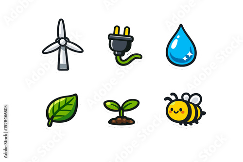 A set of six environment-themed stickers featuring a wind turbine, electric plug, water drop, green leaf, plant sprout, and a cute bee isolated on a black background.