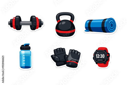 This set of six fitness-themed stickers features a dumbbell, kettlebell, rolled yoga mat, water bottle, weightlifting gloves, and a digital smartwatch on a black background.
