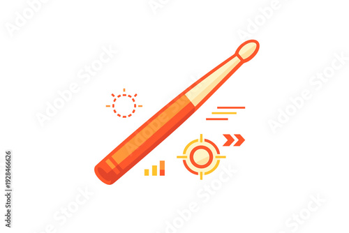 A stylized vector illustration of a single drumstick in orange and yellow tones, surrounded by abstract graphic elements like a target and bar chart on a black background.