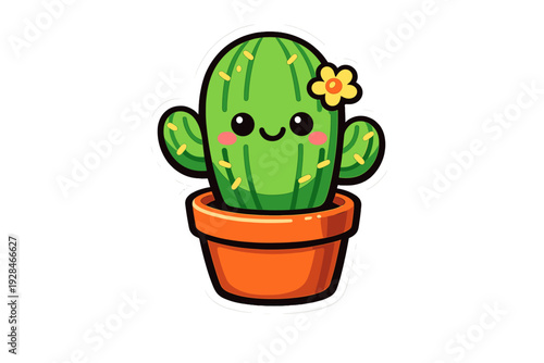 A cute cartoon cactus with a smiling face and a yellow flower sits in an orange pot against a black background. This kawaii illustration features bold outlines and vibrant colors.