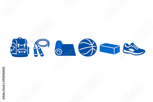 A row of blue and white icons representing fitness and sports equipment, including a backpack, jump rope, yoga mat, basketball, block, and sneaker, set against a black background.