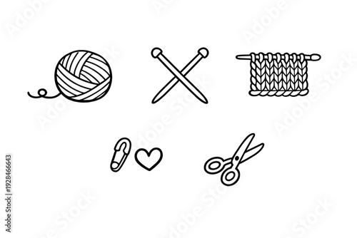 A collection of white line art icons on a black background featuring knitting supplies like a ball of yarn, needles, scissors, a safety pin, and a heart symbol for craft projects.
