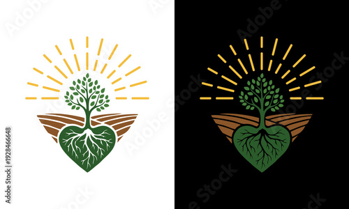 Fényképezés Tree with Roots and Wings Logo Design on Dual Backgrounds