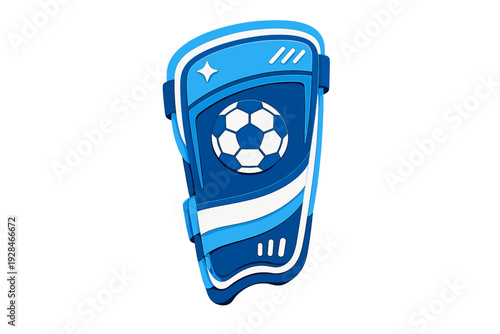 A blue soccer shin guard featuring a white and blue soccer ball graphic. The protective gear is designed in a layered 3D paper-cut style with various shades of blue and white accents.